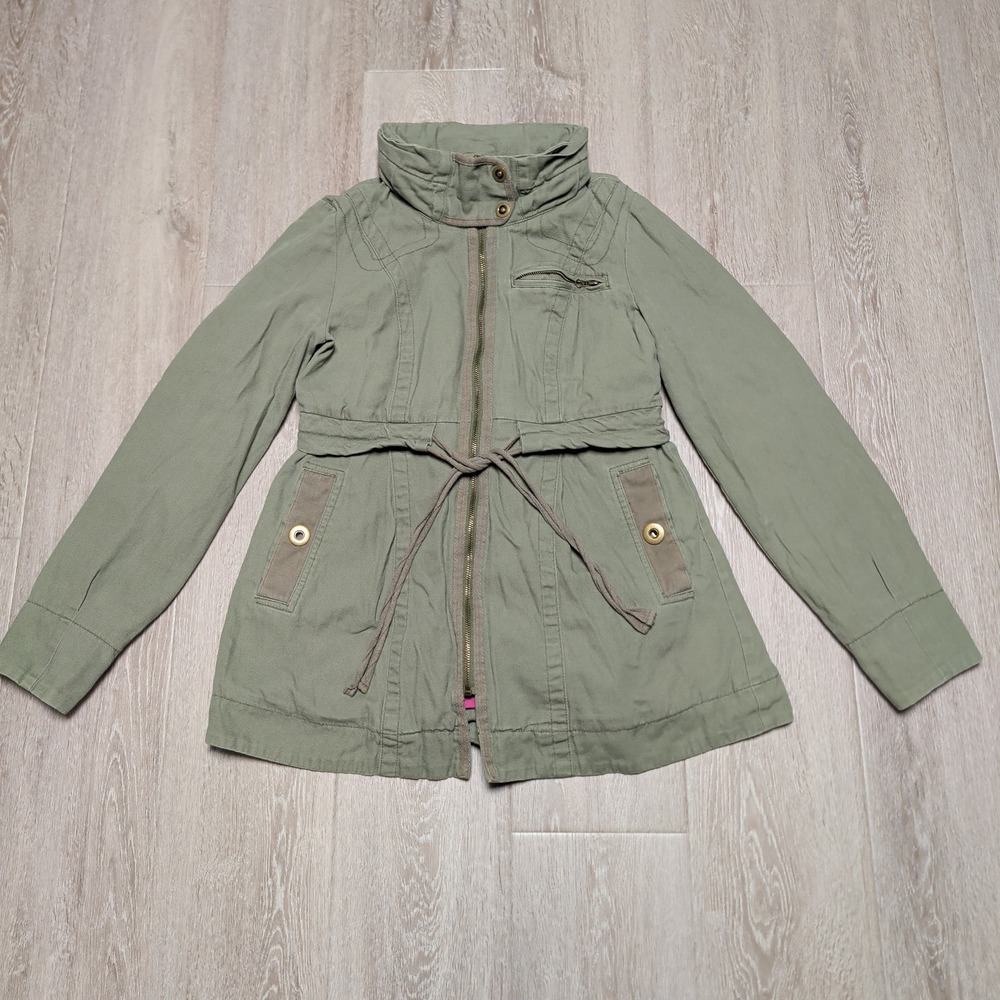 Anthropology Tulle Utility Jacket Womens‎ L Olive Green Hooded Peplum Tie Waist